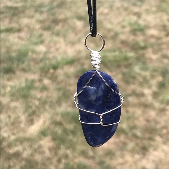 Hand Crafted Jewelry - Large Sodalite Wire Wrapped Crystal Necklace Handmade